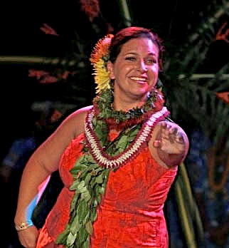 Kumu hula (hula instructor) Leinaa'ala Pavao Jardin dancing auana style. Photo courtesy Leina'ala Pavao Jardin